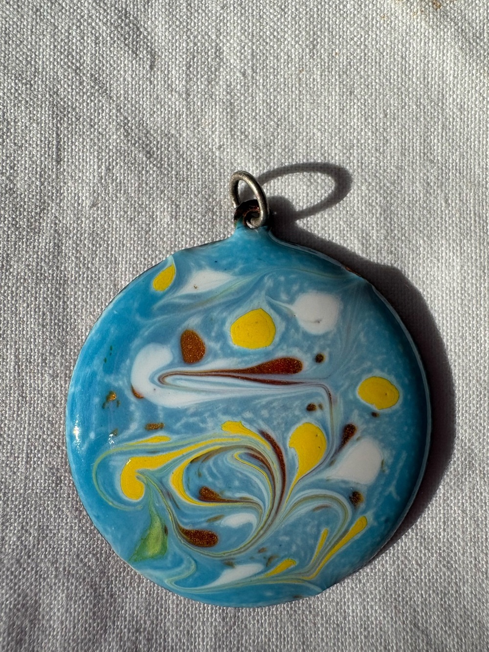 Vintage MCM Enamel on Copper Abstract Pendant Cerulean Blue Swirl Necklace